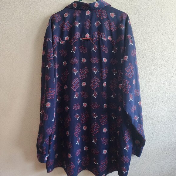 FUBU Shirt Mens 3XL Navy Blue Red Button Up Long Sleeve All Over Print 90s Style - Picture 6 of 9